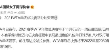 2021WTA网球年终总决赛举办地变更，明年重回深圳举办